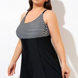 MeetCurve Plus Size 4XL Black & White Striped Tankini Swim Dress Tummy Control
